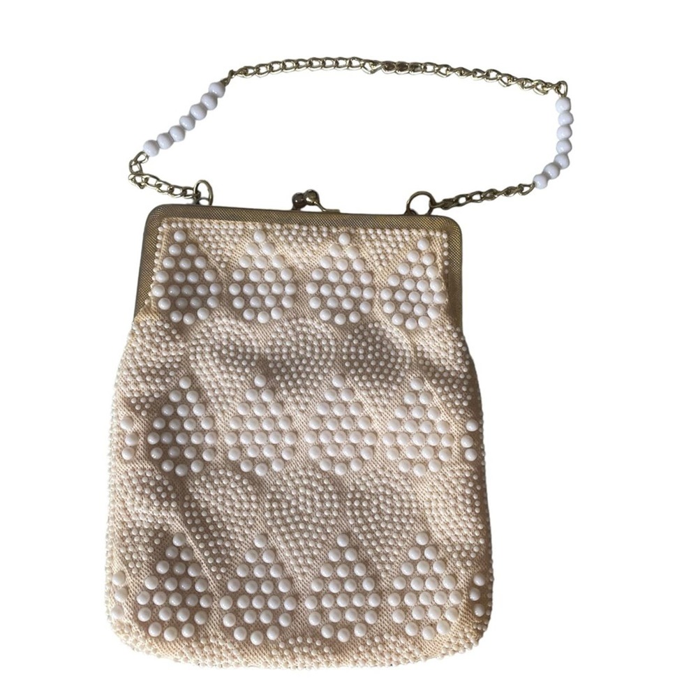 Vintage White Beaded Cloth Purse Made In Hong Kong hand made